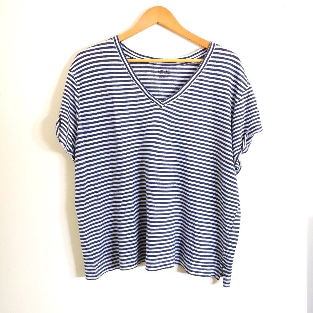 Haven Well Within 100% Linen Nautical Stripe V Neck Knit Top Size XXL